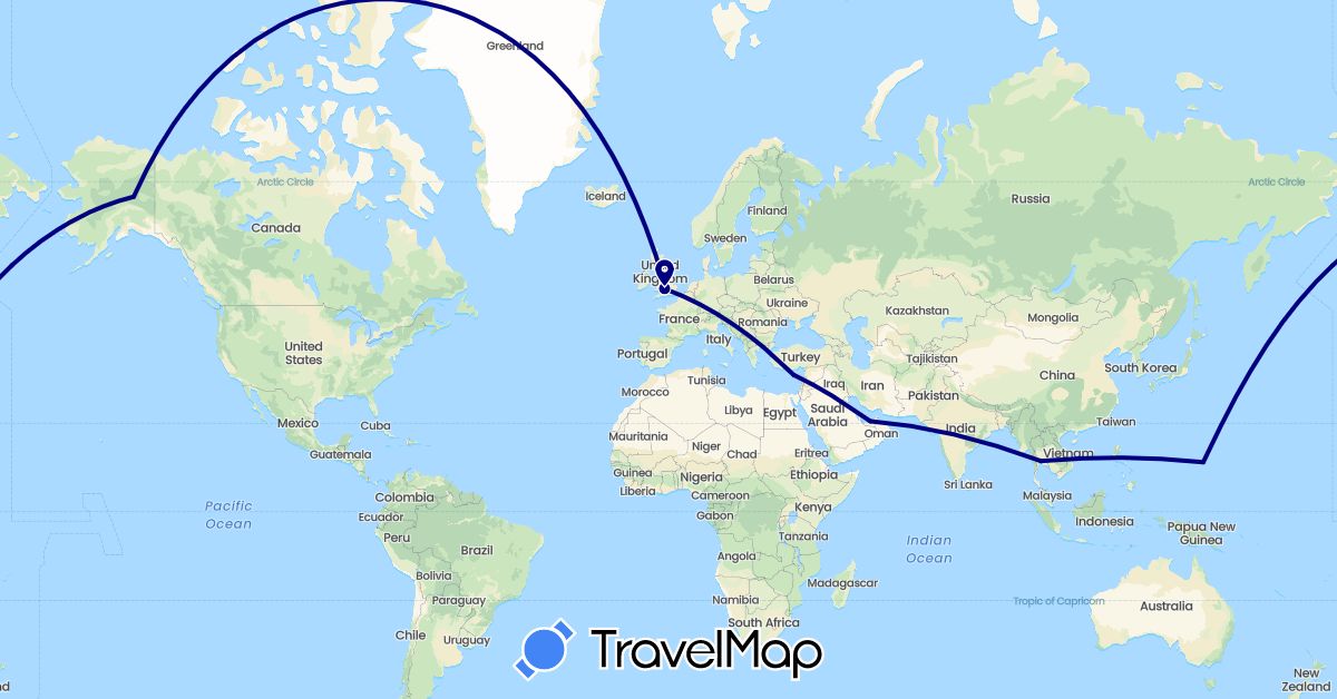 TravelMap itinerary: driving in United Arab Emirates, Cyprus, United Kingdom, Thailand, United States (Asia, Europe, North America)